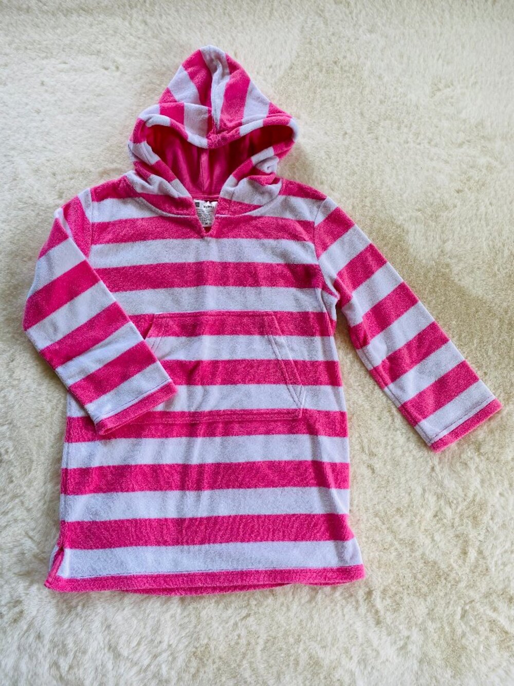 Girl's size 6/7 swimsuit cover-up, terrycloth, pink and white stripes, hooded